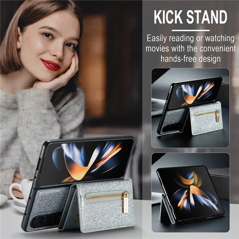 Glitter Magnetic Leather Zip Wallet Phone Case For Samsung Galaxy Z Fold 5 4 3