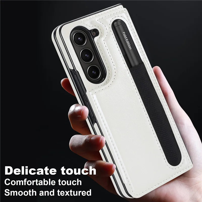 Pen Slot Leather Wallet Card Phone Case for Samsung Galaxy Z Fold 7 6 5 4 3 Fold6 Fold5 Fold4 Fold3 Retor Flip Stand Cover Etui