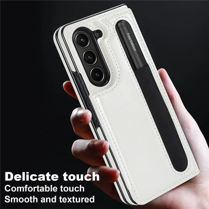 Pen Slot Leather Wallet Card Phone Case for Samsung Galaxy Z Fold 7 6 5 4 3 Fold6 Fold5 Fold4 Fold3 Retor Flip Stand Cover Etui