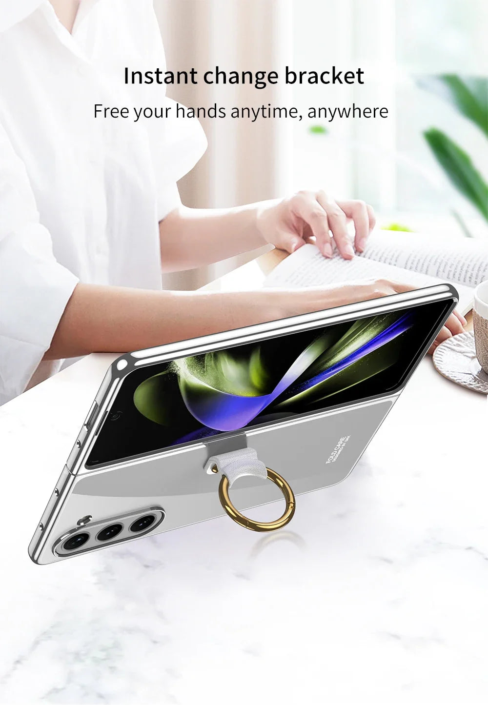 Luxury Plating HD Transparent Case for Samsung Galaxy Z Fold 6 5 5G Case with Ring Metal Ring Clear Shockproof Shell Case