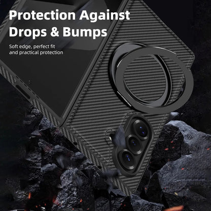Auto Leather Phone Case for Samsung Galaxy Z Fold 7 Fold6 5 4 3 Magnetic Rotating Alloy Bracket Ring Carbon Fiber Pattern Cover