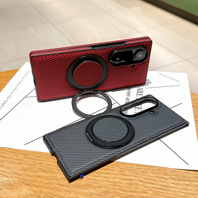 Auto Leather Phone Case for Samsung Galaxy Z Fold 7 Fold6 5 4 3 Magnetic Rotating Alloy Bracket Ring Carbon Fiber Pattern Cover