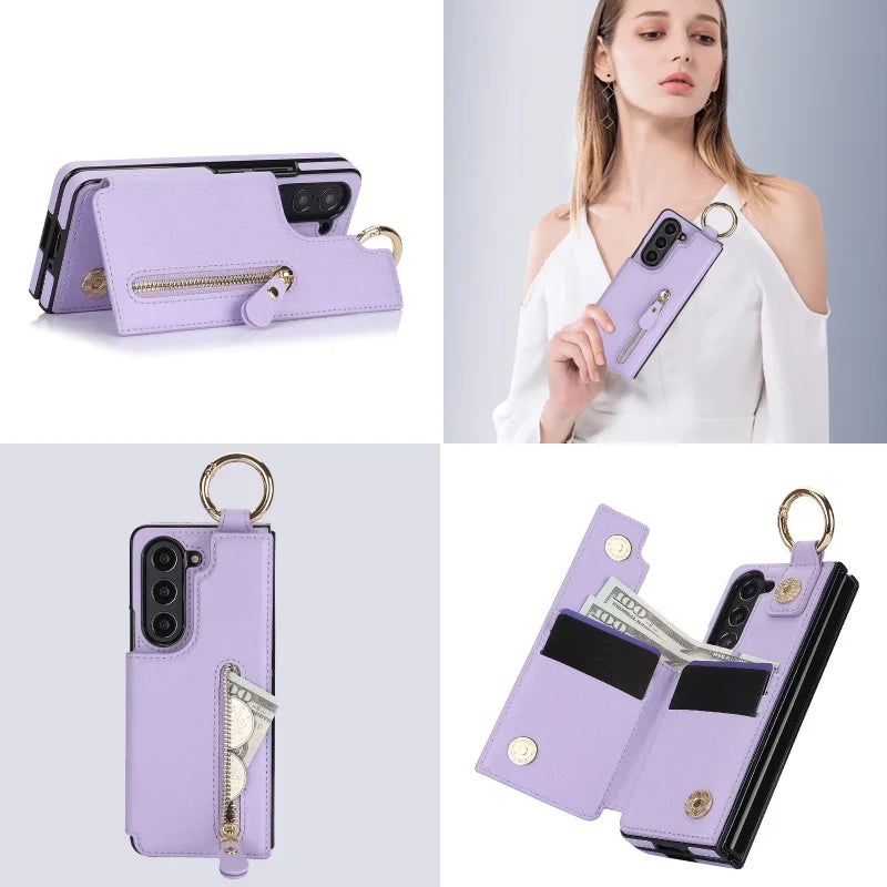 Ring Leather Zipper Wallet Card Slot Phone Case for Samsung Galaxy Z Fold 7 6 5 4 3 Shock Proof Flip Purse Holder Cover Hoesje