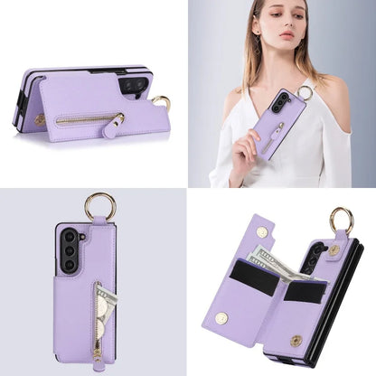 Ring Leather Zipper Wallet Card Slot Phone Case for Samsung Galaxy Z Fold 7 6 5 4 3 Shock Proof Flip Purse Holder Cover Hoesje
