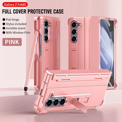Included Pen Folding Stand Case for Samsung Galaxy Z Fold 6 5 4 3 5G Side Hinge Pen Slot Holder Protection Tempered Film Cover