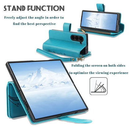 Lanyard Leather Zipper Wallet Multi Card Phone Case for Samsung Galaxy Z Fold 7 6 5 4 3 Fold6 Fold5 Fold4 Fold3 Flip Stand Cover