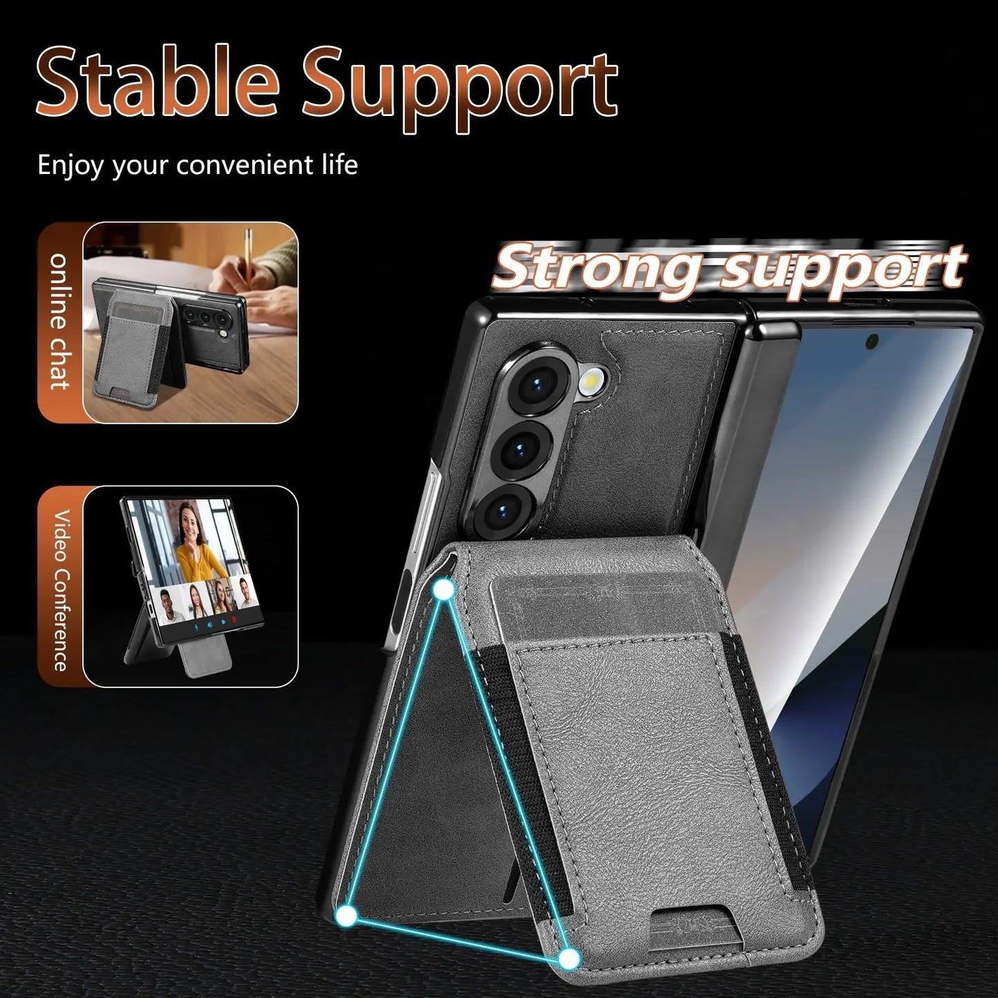 Stable Support Leather Magnetic Wallet Case for Samsung Galaxy Z Fold 7 ZFold 6 5 4 3 Tempered Glass with Hinge Protection Cover