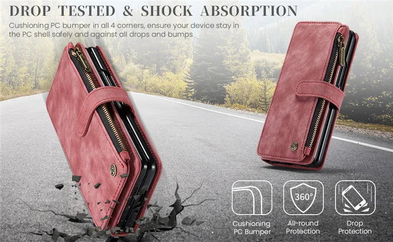 Luxury Lanyard Leather Zipper Wallet Card Phone Case For Samsung Galaxy Z Fold 7 6 5 4 Fold6 Fold5 Fold4 Purse Flip Stand Cover