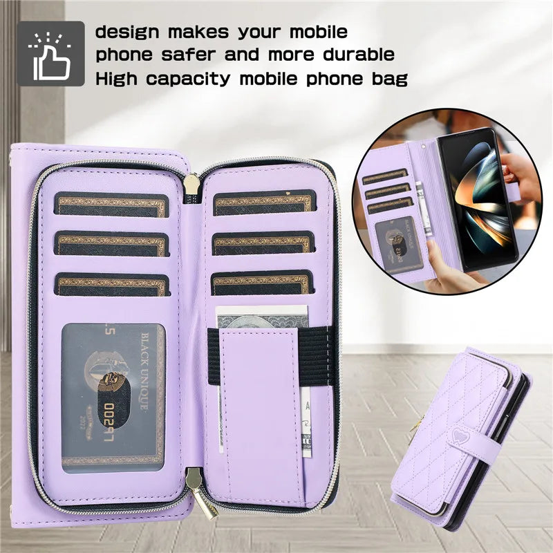 Crossbody Lanyard Zip Leather Wallet Card Phone Case for Samsung Galaxy Z Fold 7 6 5 4 3 Luxury Wrist Rope Flip Stand Cover Bag