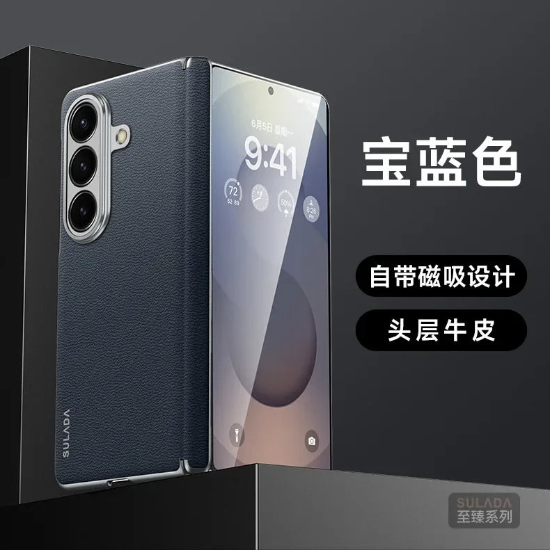 First Layer Cowhide Leather Phone Case for Samsung Galaxy Z Fold 7 Fold7 Metal Lens Protection Magnetic Attraction Hard Cover