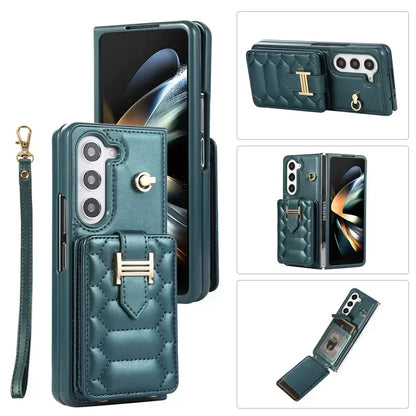 Crossbody Lanyard Leather Phone Case for Samsung Galaxy Z Fold 6 5 4 3 Fold6 Fold5 Fold4 Fold3 Wrist Rope Wallet Card Cover Etui