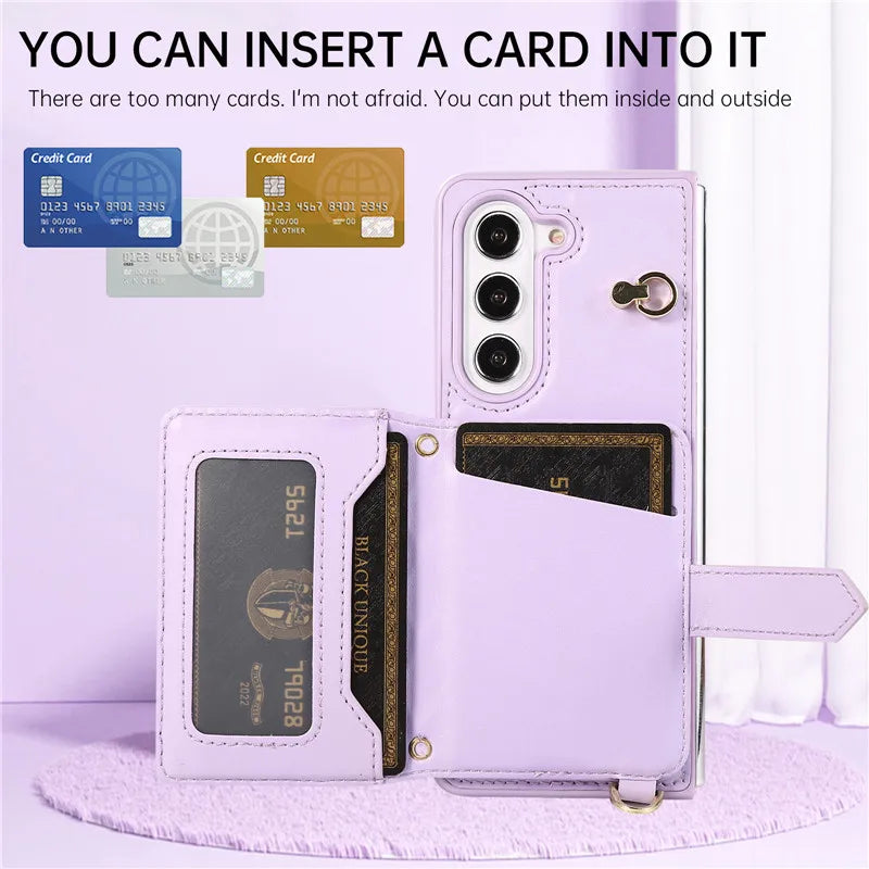 Crossbody Lanyard Leather Wallet Card Phone Case for Samsung Galaxy Z Fold 7 6 5 4 3 Fold6 Fold5 Fold4 Fold3 Wrist Rope Cover