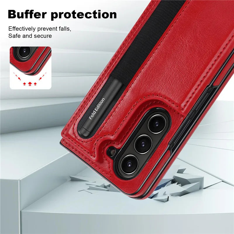 Pen Slot Leather Wallet Card Phone Case for Samsung Galaxy Z Fold 7 6 5 4 3 Fold6 Fold5 Fold4 Fold3 Retor Flip Stand Cover Etui