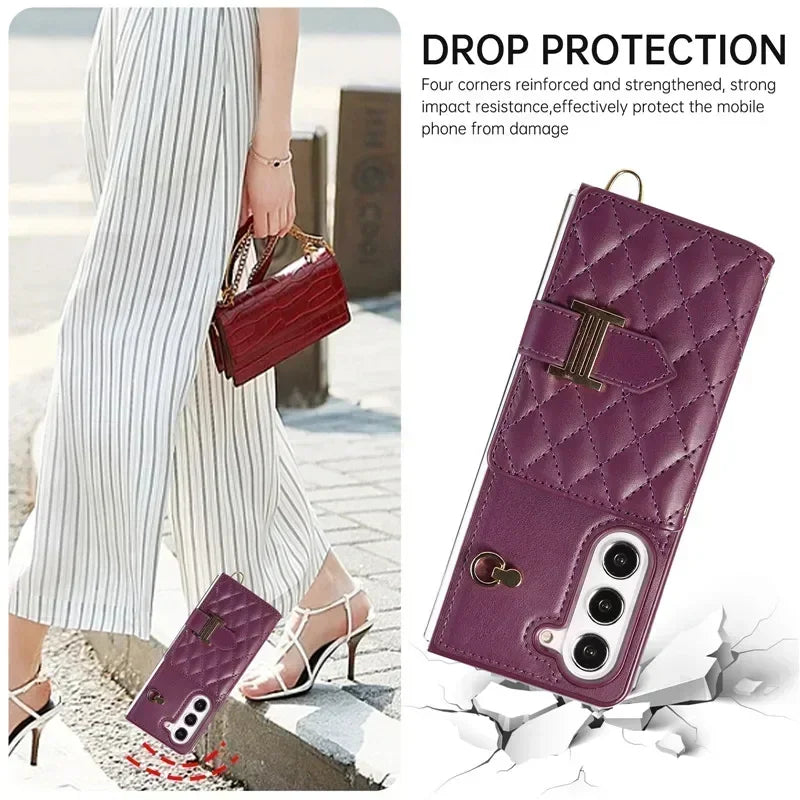 Crossbody Lanyard Leather Wallet Card Phone Case for Samsung Galaxy Z Fold 7 6 5 4 3 Fold6 Fold5 Fold4 Fold3 Wrist Rope Cover