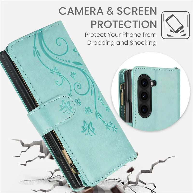 Lanyard Leather Zipper Wallet Multi Card Phone Case for Samsung Galaxy Z Fold 7 6 5 4 3 Fold6 Fold5 Fold4 Fold3 Flip Stand Cover