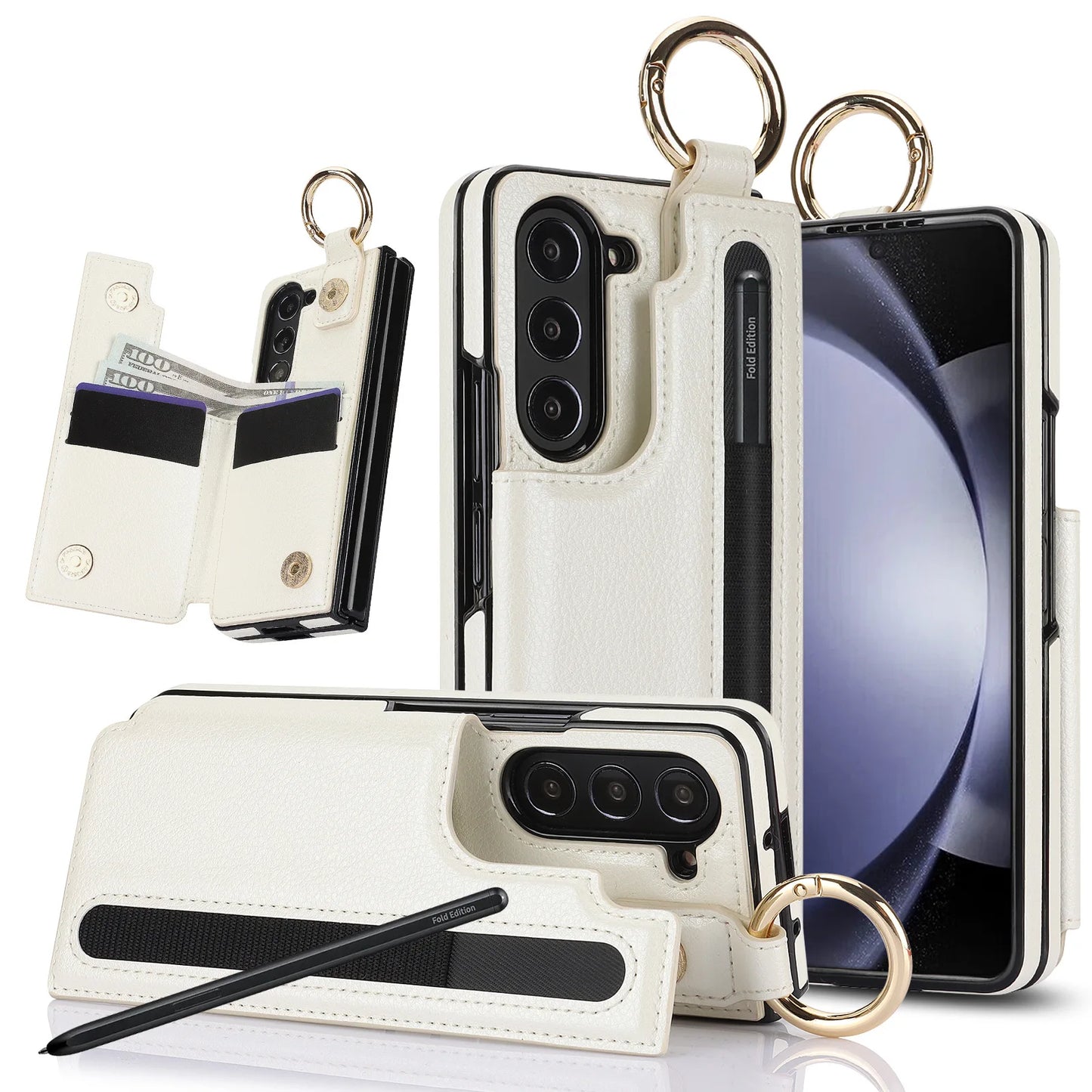 Fold7 Ring&Pen Slot Pu Leather Phone Case for Samsung Galaxy Z Fold 7 6 5 4 3 Metal Double Buckle Flip Card Holder Wallet Cover