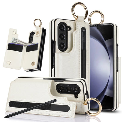 Fold7 Ring&Pen Slot Pu Leather Phone Case for Samsung Galaxy Z Fold 7 6 5 4 3 Metal Double Buckle Flip Card Holder Wallet Cover