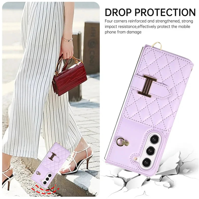 Crossbody Lanyard Leather Wallet Card Phone Case for Samsung Galaxy Z Fold 7 6 5 4 3 Fold6 Fold5 Fold4 Fold3 Wrist Rope Cover