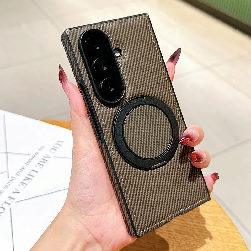 Auto Leather Phone Case for Samsung Galaxy Z Fold 7 Fold6 5 4 3 Magnetic Rotating Alloy Bracket Ring Carbon Fiber Pattern Cover