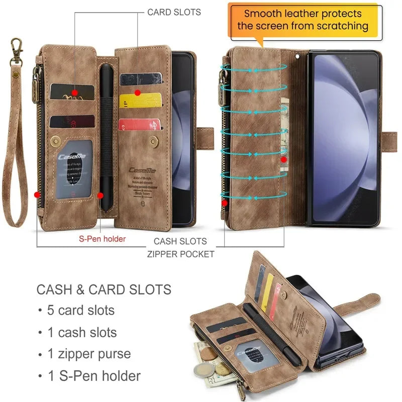 Luxury Lanyard Leather Zipper Wallet Card Phone Case For Samsung Galaxy Z Fold 7 6 5 4 Fold6 Fold5 Fold4 Purse Flip Stand Cover
