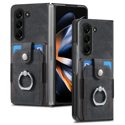 Z Fold 7 Retro Pu Leather Phone Case for Samsung Galaxy Z Fold 6 5 4 3 Magnetic Hardware Ring&buckle Card Slot Bag Bracket Cover