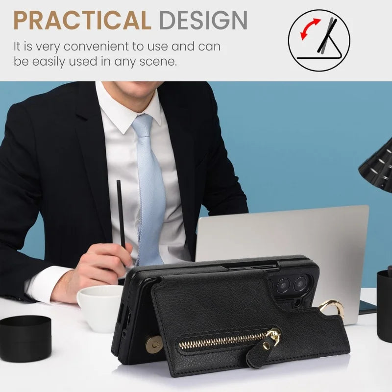 Ring Leather Zipper Wallet Card Slot Phone Case for Samsung Galaxy Z Fold 7 6 5 4 3 Shock Proof Flip Purse Holder Cover Hoesje