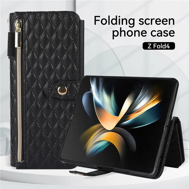 Luxury Lanyard Leather Flip Stand Phone Case for Samsung Galaxy Z Fold 7 6 5 4 3 Fold6 Fold5 Fold3 Fold4 Zip Wallet Card Cover