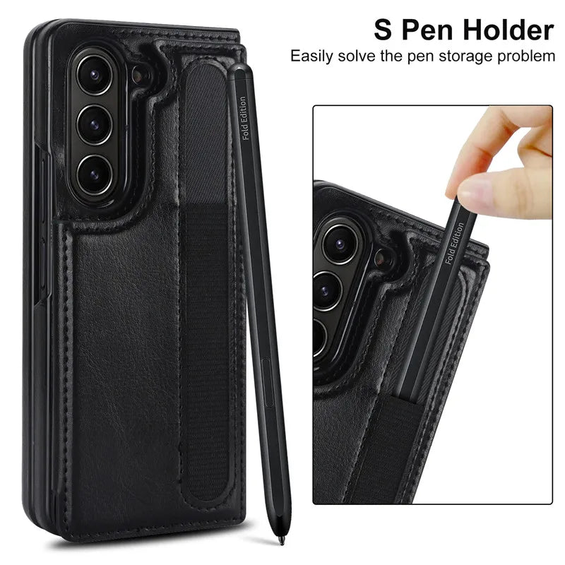 Pen Slot Leather Wallet Card Phone Case for Samsung Galaxy Z Fold 7 6 5 4 3 Fold6 Fold5 Fold4 Fold3 Retor Flip Stand Cover Etui