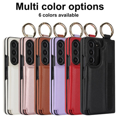 Fold7 Ring&Pen Slot Pu Leather Phone Case for Samsung Galaxy Z Fold 7 6 5 4 3 Metal Double Buckle Flip Card Holder Wallet Cover