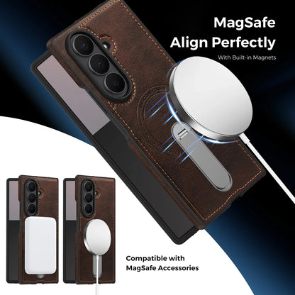 Fold 7 Strong Magnetic Phone Case for Samsung Galaxy Z Fold 7 6 5 4 3 Wireless Charging Metal Rotating Bracket Pu Leather Cover