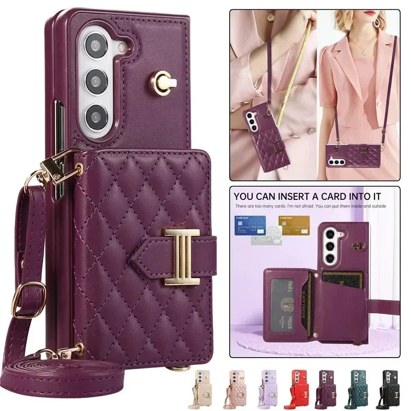 Crossbody Lanyard Leather Wallet Card Phone Case for Samsung Galaxy Z Fold 7 6 5 4 3 Fold6 Fold5 Fold4 Fold3 Wrist Rope Cover