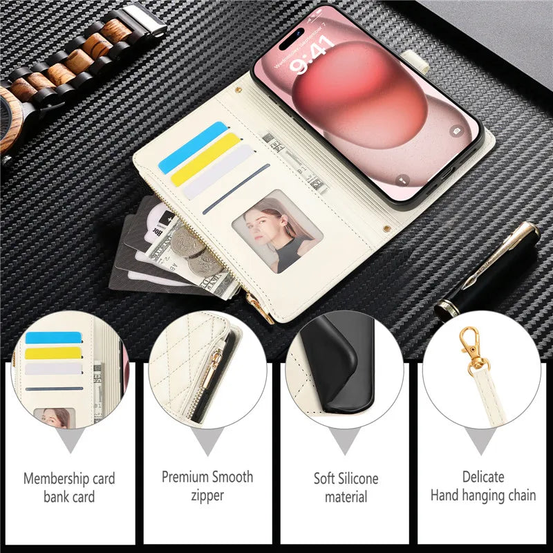 Crossbody Lanyard Leather Zip Wallet Card Slot Phone Case for Samsung Galaxy Z Fold 7 6 5 4 3 Wrist Strap Flip Stand Cover Etui