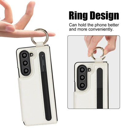 Fold7 Ring&Pen Slot Pu Leather Phone Case for Samsung Galaxy Z Fold 7 6 5 4 3 Metal Double Buckle Flip Card Holder Wallet Cover