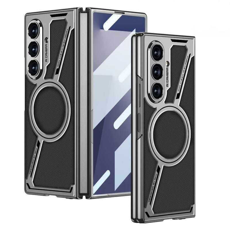 Electroplating Magnetic Wireless Charging Phone Case for Samsung Galaxy Z Fold 7 Zfold 6 Z Shaped Plain Leather Thin Hard Cover