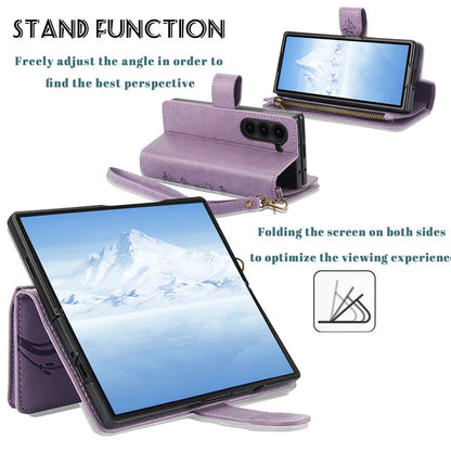 Lanyard Leather Zipper Wallet Multi Card Phone Case for Samsung Galaxy Z Fold 7 6 5 4 3 Fold6 Fold5 Fold4 Fold3 Flip Stand Cover