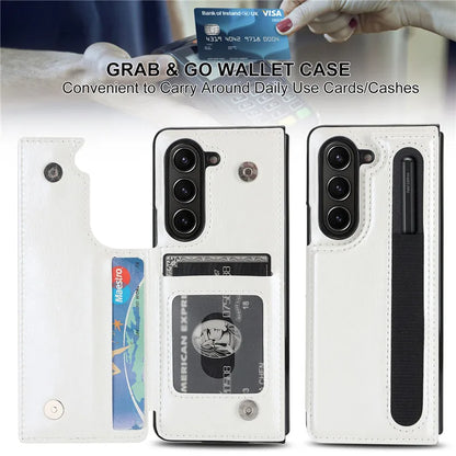 Pen Slot Leather Wallet Card Phone Case for Samsung Galaxy Z Fold 7 6 5 4 3 Fold6 Fold5 Fold4 Fold3 Retor Flip Stand Cover Etui