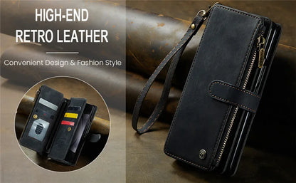 Luxury Lanyard Leather Zipper Wallet Card Phone Case For Samsung Galaxy Z Fold 7 6 5 4 Fold6 Fold5 Fold4 Purse Flip Stand Cover