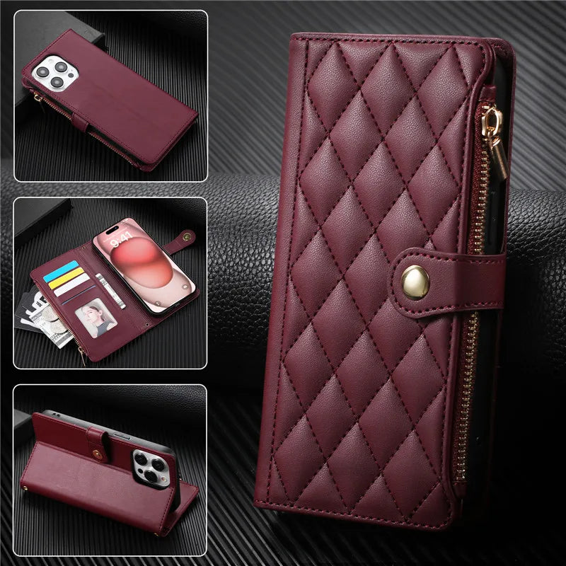 Crossbody Lanyard Leather Zip Wallet Card Slot Phone Case for Samsung Galaxy Z Fold 7 6 5 4 3 Wrist Strap Flip Stand Cover Etui