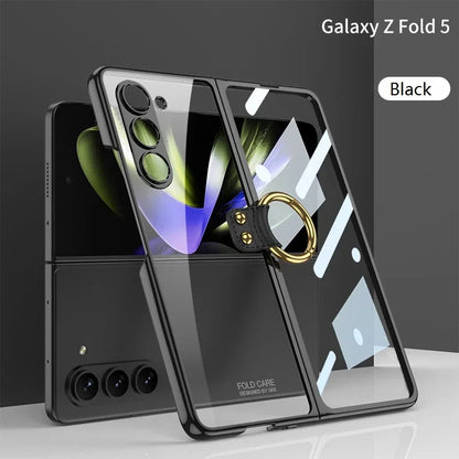Luxury Plating HD Transparent Case for Samsung Galaxy Z Fold 6 5 5G Case with Ring Metal Ring Clear Shockproof Shell Case