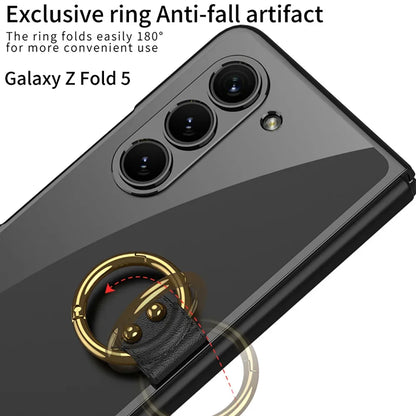 Luxury Plating HD Transparent Case for Samsung Galaxy Z Fold 6 5 5G Case with Ring Metal Ring Clear Shockproof Shell Case