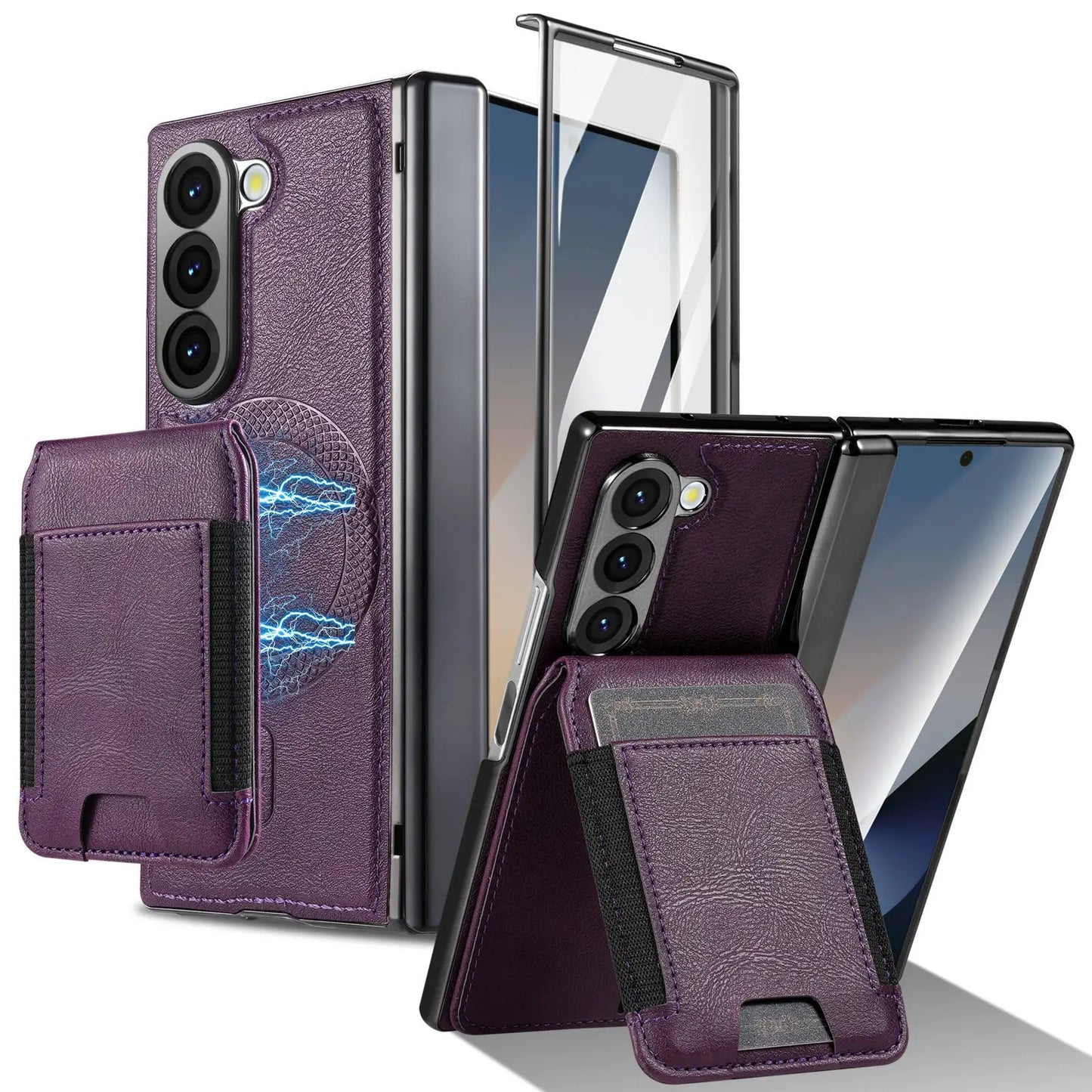 Stable Support Leather Magnetic Wallet Case for Samsung Galaxy Z Fold 7 ZFold 6 5 4 3 Tempered Glass with Hinge Protection Cover