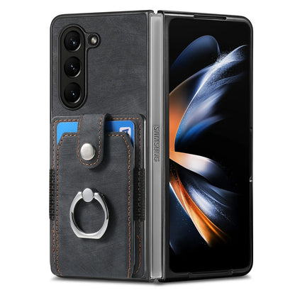 Z Fold 7 Retro Pu Leather Phone Case for Samsung Galaxy Z Fold 6 5 4 3 Magnetic Hardware Ring&buckle Card Slot Bag Bracket Cover