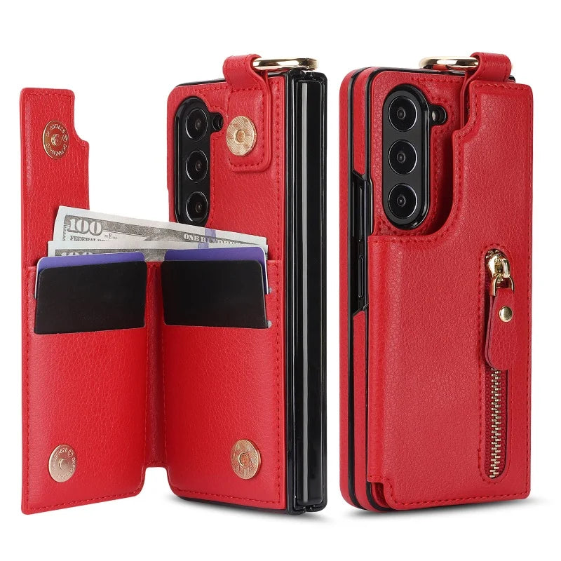 Ring Leather Zipper Wallet Card Slot Phone Case for Samsung Galaxy Z Fold 7 6 5 4 3 Shock Proof Flip Purse Holder Cover Hoesje