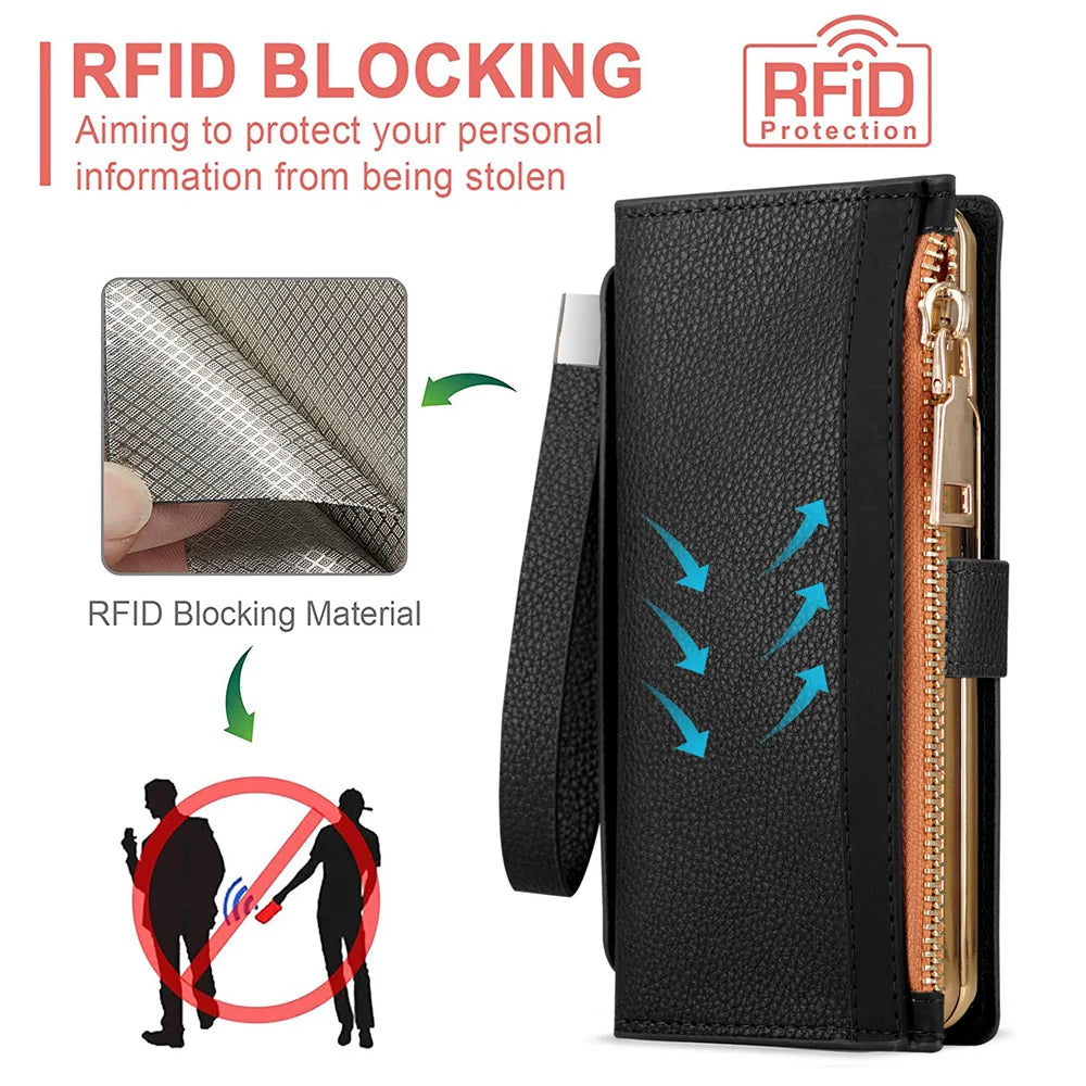 Leather Card Wallet With S Pen Solt Case For Samsung Galaxy Z Fold 6 5 4 3 2 ZFold6 Fold Multifunctional Zipper Protection Cover