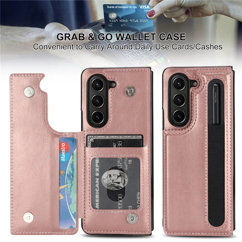 Pen Slot Leather Wallet Card Phone Case for Samsung Galaxy Z Fold 7 6 5 4 3 Fold6 Fold5 Fold4 Fold3 Retor Flip Stand Cover Etui