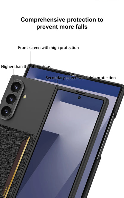 Fold7 Lichee Pattern Pu Leather Phone Case for Samsung Galaxy Z Fold 7 6 5 Card Slot Camera Protection Slim Anti Fall Hard Cover