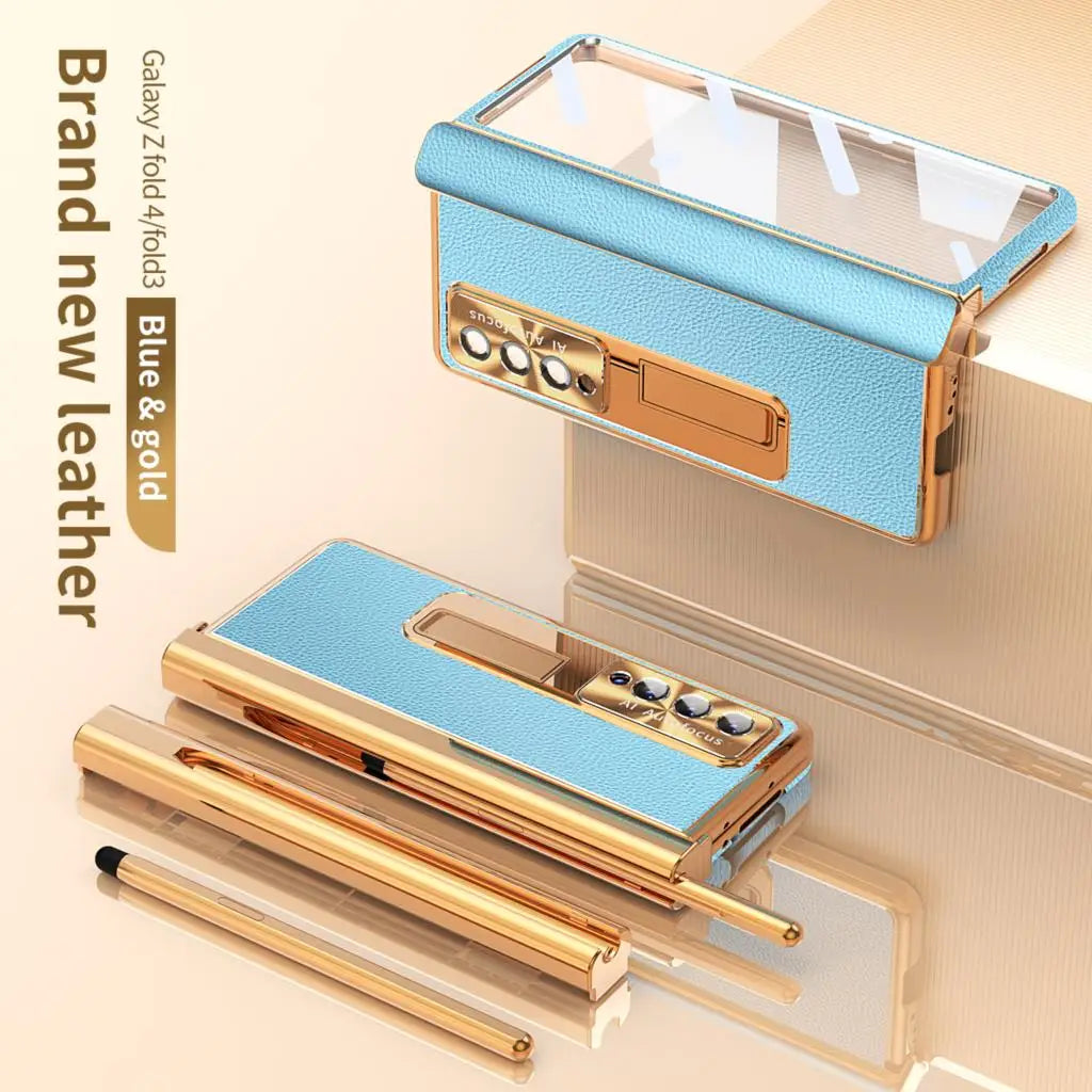 Coque With S Pen Plating Leather Case For Samsung Galaxy Z Fold 7 6 5 4 360 Full Protection Tempered Glass Kickstand Phone Cover