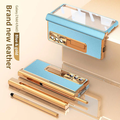 Coque With S Pen Plating Leather Case For Samsung Galaxy Z Fold 7 6 5 4 360 Full Protection Tempered Glass Kickstand Phone Cover