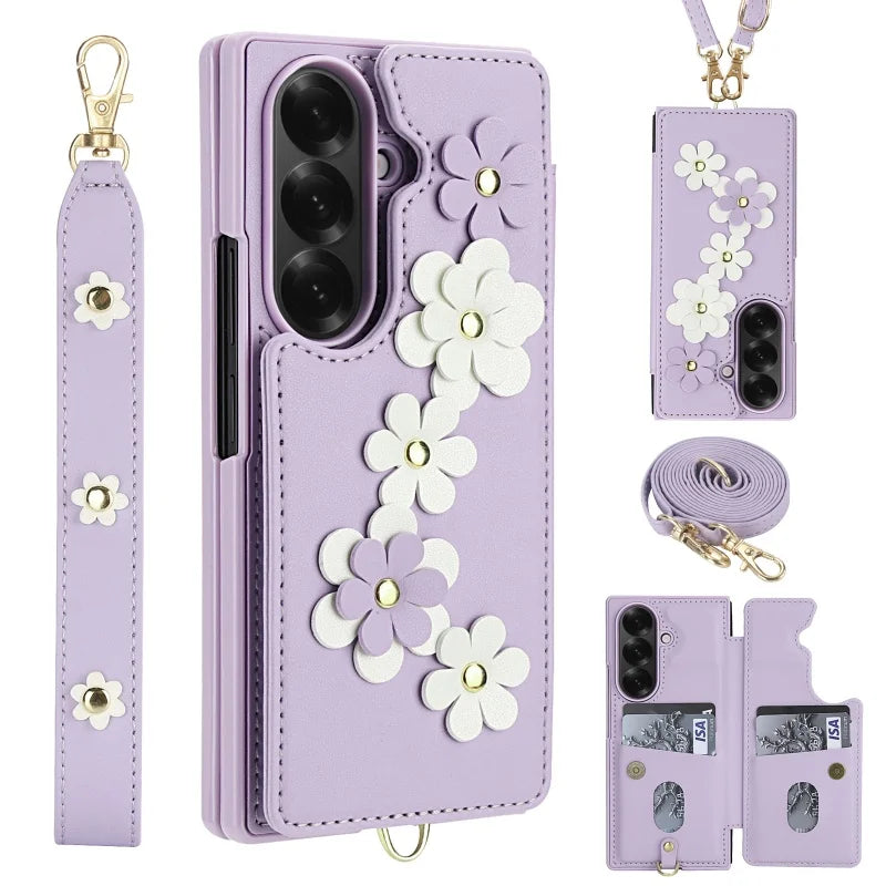 Long Lanyard Leather Wallet Card Slot Phone Case for Samsung Galaxy Z Fold 7 6 5 4 Wrist Strap Flip Purse Holder Cover Back Bag