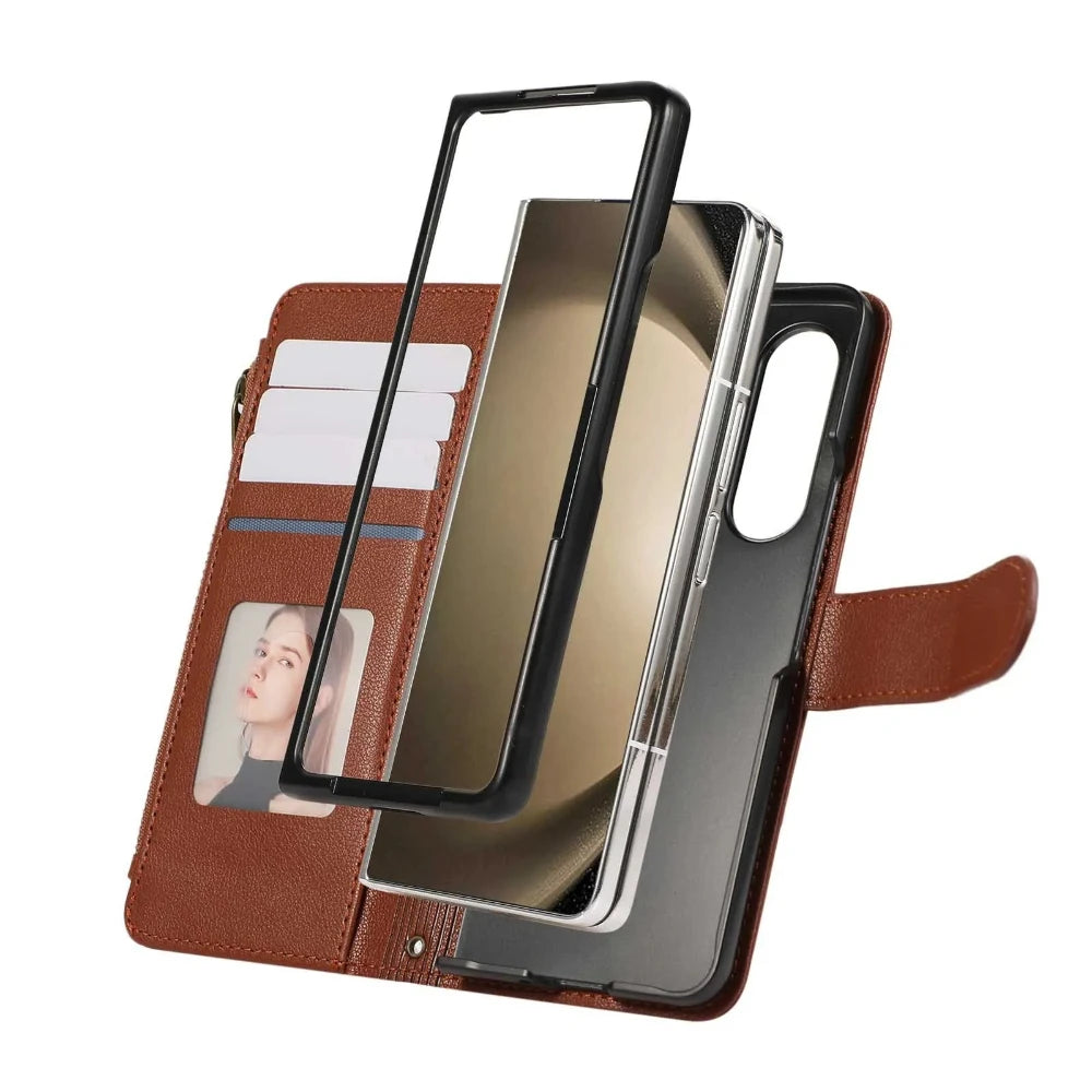 Lanyard+long Strap Crossbody Phone Case for Samsung Galaxy Z Fold 7 Fold6 5 4 3 Zipper&buckle Leather Card Holder Wallet Cover